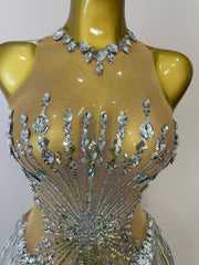 Desiree silver sequin diamond mesh tassel bodysuit sheer sexy outfit for stage performance and birthday party wear