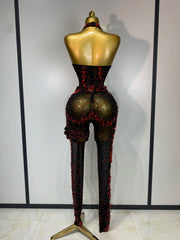 Turn heads in the Amanda backless red rhinestone black mesh jumpsuit. Sparkly bodycon outfit for stage performances, parties, and birthdays.