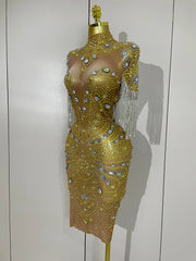 Kamryn luxury diamond tassel mesh see-through dress for women’s evening, birthday, or stage performances.