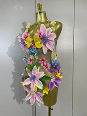 Yara sheer mesh bodysuit with sparkling diamond chain and floral embellishments