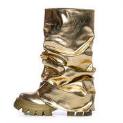 Women's Mid Calf Boots Thick Bottom Round Toe Runway Style Pleated Boots Women Platform Boots Gold Silver Large Size Shoes 2024