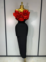 Maya off-shoulder flower diamond bodycon bandage dress – long slim-fit elegant evening gown.