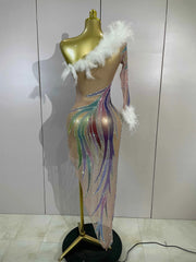Wendy Sparkly Rhinestone Feather One-Shoulder See-Through Dress for Women