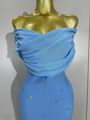 Crissy Crystal sexy off-the-shoulder bodycon bandage long dress with sparkling rhinestone details.