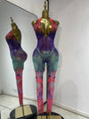 Debra Sparkly Rhinestone Colorful Print Mesh Halter Jumpsuit