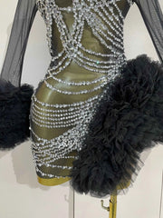 2026 Sexy Stage Costume Sparkly Diamond Black Mesh Long Sleeves See-Through Mini Dress Women Luxury Birthday Eveing Party Gown