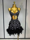 Women Sexy Halter Crystal Feathers Bodycon Mini Dress Nightclub Performance Stage Outfit Luxury Birthday Photo Shoot Dress