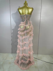 Envious Designs Denise sexy strapless mesh ruffled pink long dress with sparkly diamond detailing for birthday party styling