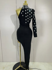 Kayla sexy one-shoulder rhinestone black long bodycon bandage dress