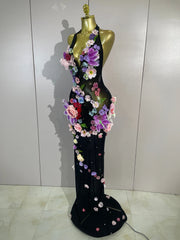 Lariza sexy halter mesh see-through long dress with sparkly diamond 3D flower detailing for evening gala styling