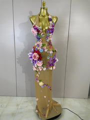 Lariza sexy halter mesh see-through long dress with sparkly diamond 3D flower detailing for evening gala styling
