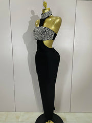Shine in the Rhian black crystal rhinestone backless bodycon bandage dress. Elegant party dress for birthdays, cocktails, and evening events.