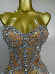 Women Sparkly Diamonds Tassel Sexy Strapless Mesh Sheer Mini Dress Eveing Luxury Birthday Party Singer Nightclub Stage Costume