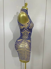 Sparkly blue rhinestone mesh mini dress – sexy see-through women’s bodycon outfit for nightclub, birthday, and stage events.