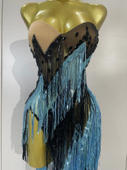 Railey sparkly diamond tassel side slit strapless mesh see-through long dress for nightclub and stage performance styling