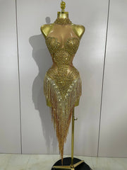 Vonda sparkly rhinestone and pearl tassel mesh see-through dress for evening parties, birthdays, or club events.
