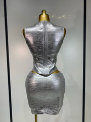 Jamie bronze sleeveless bandage two-piece set with fitted top and bodycon mini skirt
