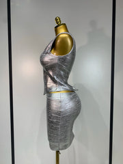 Jamie bronze sleeveless bandage two-piece set with fitted top and bodycon mini skirt