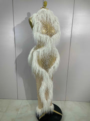 2026 New Sparkly Pearl Tassel Mesh See Through Long Dress Women Sexy Luxury Birthday Prom Party Nightclub Singer Stage Costume