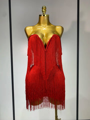 Kimberly sexy off-shoulder fringe bodycon dress with shimmering fringe details and elegant body-hugging fit.