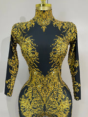 Minchie luxury sparkly diamonds print long sleeve stretch jumpsuit for women party night out