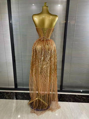 Hailey sexy strapless mesh crystal see through maxi dress