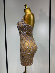 Cassandra sleeveless rhinestone bodycon mini dress for women. Sexy sparkly outfit for birthdays, nightlife, and stage wear.
