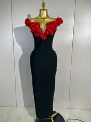 Astrid red off-shoulder bandage maxi dress featuring dimensional 3D floral embellishments and a fitted bodycon silhouette