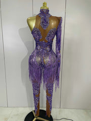 Leonna Purple Diamond Tassel One Shoulder Mesh Jumpsuit