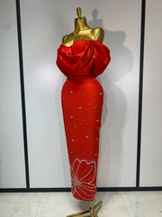 Off shoulder red maxi bandage dress with beaded detailing