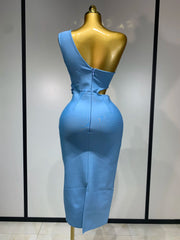 Claire sky blue one shoulder pearl bodycon bandage dress – luxury birthday and evening outfit.