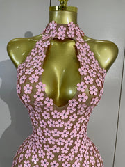 Bridgette pink floral sequin mesh mini dress featuring a sexy halter neckline and sheer party dress design