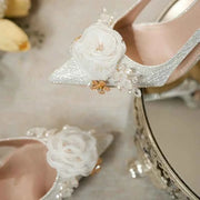 White Wedding Shoes Pointed Head Shallow Mouth Flowers High Heels