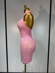 Sparkle in the Jamilla pink sequin backless mini dress. Luxury halter party dress for birthdays, singers, stage shows, and nightlife.