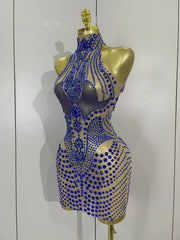 Sparkly blue rhinestone mesh mini dress – sexy see-through women’s bodycon outfit for nightclub, birthday, and stage events.