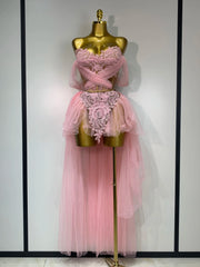 Strapless Pink Mesh Two Pieces Set Birthday Dress