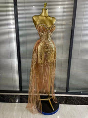 Hailey sexy strapless mesh crystal see through maxi dress