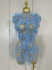 Sexy Fashion Short Dress Mesh Designer Rhinestones Chain Stage Costume 2025 Women Nightclub Celebrate Party Performance Outfit