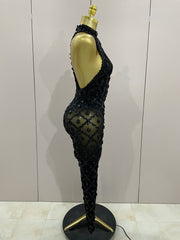 Journee wearing a luxury sparkly black diamond mesh see through jumpsuit.