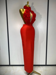 Alana Red Halter Hollow Out Flower Bodycon Bandage Dress with backless design, floral cutouts, and slim fit.