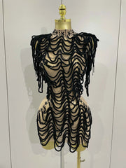 Sexy Fashion Short Dress Mesh Designer Rhinestones Chain Stage Costume 2025 Women Nightclub Celebrate Party Performance Outfit