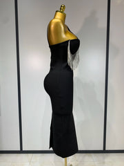 Thalia sexy diamond tassel crystal black bandage midi dress for birthday and cocktail party styling