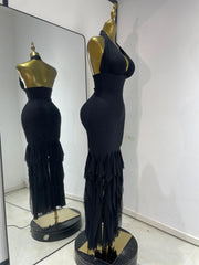 La'Nyah elegant black halter V-neck backless ruffle bodycon long dress for evening party and cocktail styling