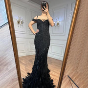 Black Luxury Beaded Feathers Mermaid Evening Dress 2025 Off Shoulder Sexy Slit