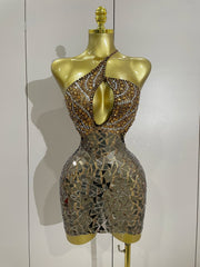 Maya sparkly rhinestones mirror mesh mini dress, sexy hollow-out luxury women’s party outfit 2025.