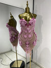 Joys pink rhinestone flower pearl tassel mini dress for women. Fairy-style party outfit for birthdays, nightlife, and clubwear.