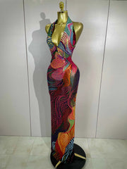 Sexy Colorful Rhinestone Print Long Dress Woman Halter Deep V Neck Backless 2026 Women Birthday Eveing Party Club Stage Costume