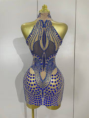 Sparkly blue rhinestone mesh mini dress – sexy see-through women’s bodycon outfit for nightclub, birthday, and stage events.