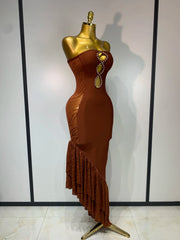 Angela strapless rhinestone cut out bandage dress for women. Sexy luxury bodycon outfit for birthdays, prom, parties, and evening events.