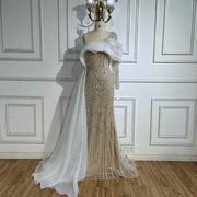 White Nude Elegant One Shoulder  Luxury Pearls Beaded Evening Gowns